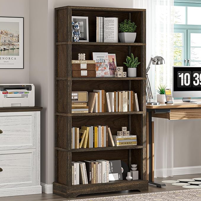 TVU 5-Shelf Wood Bookcase, 65 Inch Tall Bookshelf with Storage, Floor Standing Display Book Shelf, for Living Room Bedroom Study Office, Rustic Brown-Ruum Studio Home