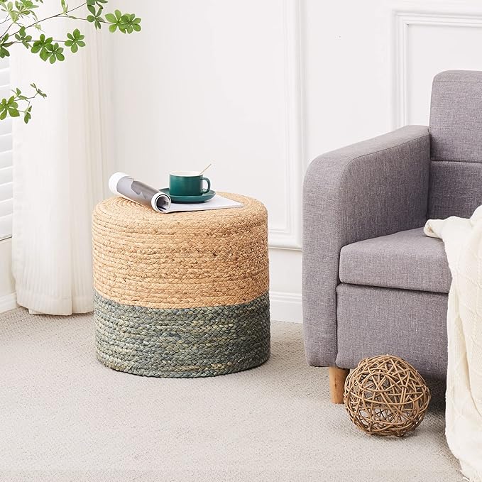 Wimarsbon 18'' Ottoman Pouf, Natural Braided Poof, Rustic Handweave Lounge Pouffe, Boho Footrest Stool for Bedroom, Accent Table or Seat for Living Room (Dusty Blue)-Ruum Studio Home
