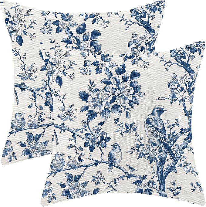 Navy Blue Spring Floral Pillow Covers 16 x 16 Inch Set of 2 for Vintage Chinoiserie Flowers Bird Decor Throw Pillows Plant Farmhouse Outdoor Decorative Cushion Cases for Couch Bed Decorations-Ruum Studio Home