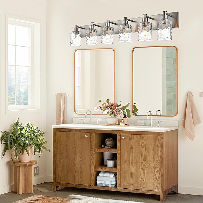BONLICHT Vanity Light Fixture Brushed Nickel 6-Light Modern Farmhouse Wall Sconce Bathroom Lighting with Hammered Glass Industrial Wall Mount Lights for Kitchen Dining Room Cabinet Corridor-Ruum Studio Home