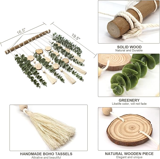 Artificial Eucalyptus Wall Decor Fake Greenery Leaves Stems Wall Hanging Plants on 16.5 inch Wooden Stick Boho Rustic Farmhouse Decor for Bedroom Kitchen Dining Room Bathroom-Ruum Studio Home
