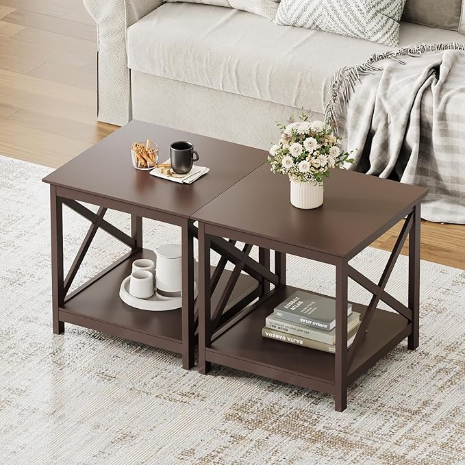 ChooChoo End Table, 24 Inch End Table with 2-Tier Storage Shelf, Side Table for Living Room, Wood Nightstand for Bedroom, Office, Painted Surface, Espresso-Ruum Studio Home