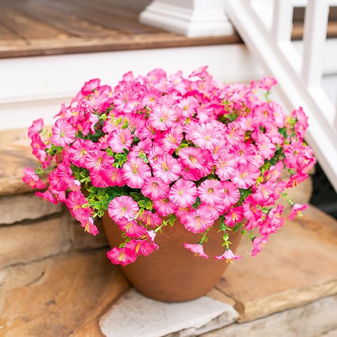 Artificial Flowers for Outdoors Fake Plants Outside Decoration, 12 Bundles Silk Pink Morning Glory with Eucalyptus UV Resistant Look Real Faux Flowers for Planter Front Door Yard Gardens Home-Ruum Studio Home