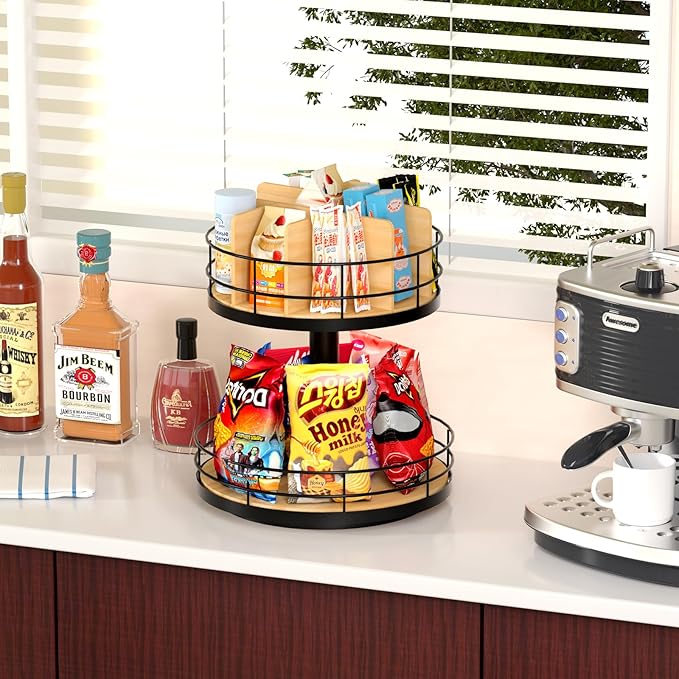 Snack Organizer - Versatile Snack Storage 2 Tier Lazy Susan with Convenient Grab-and-Go Design, Wood and Metal Snack Holder for Home, Office, Breakroom, 12.13" L x 12.13" W x 12.56" H-Ruum Studio Home