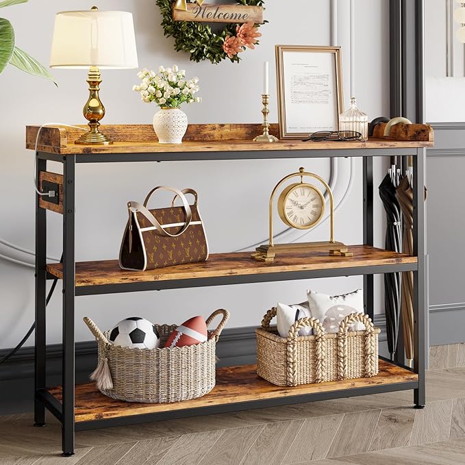IRONCK Console Table, Sofa Table with Power Outlet, Farmhouse Hallway Table for Entryway, Living Room, Height Adjustable, Easy Assembly, Rustic Brown, 43"-Ruum Studio Home