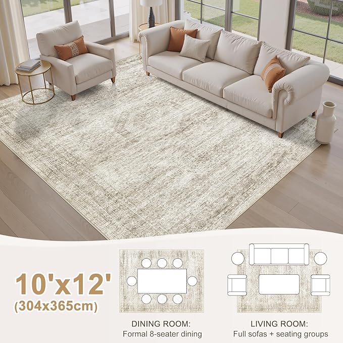 Washable Area Rugs for Living Room -10x12 Neutral Vintage Distressed Floral Farmhouse Boho Large Soft Floor Rug Indoor Non Slip Carpet for Living Room Bedroom Dining Room Office - Beige-Ruum Studio Home
