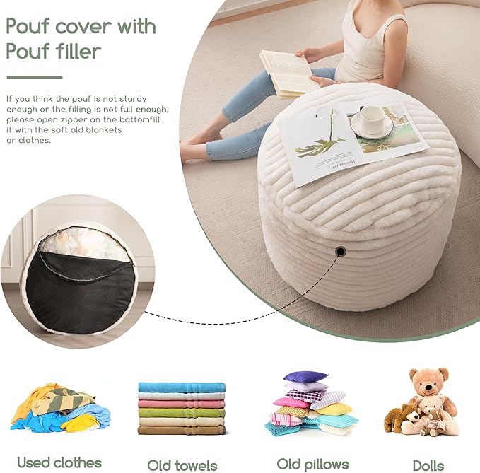 HIGOGOGO Round Stuffed Pouf Ottoman, Stripe Faux Fur Poufs with Foam Chunk Filling, Furry and Fluffy Pouf Foot Stool Storage Ottoman, 26 X 18 Floor Poufs Foot Rest for Living Room, Beige-Ruum Studio Home