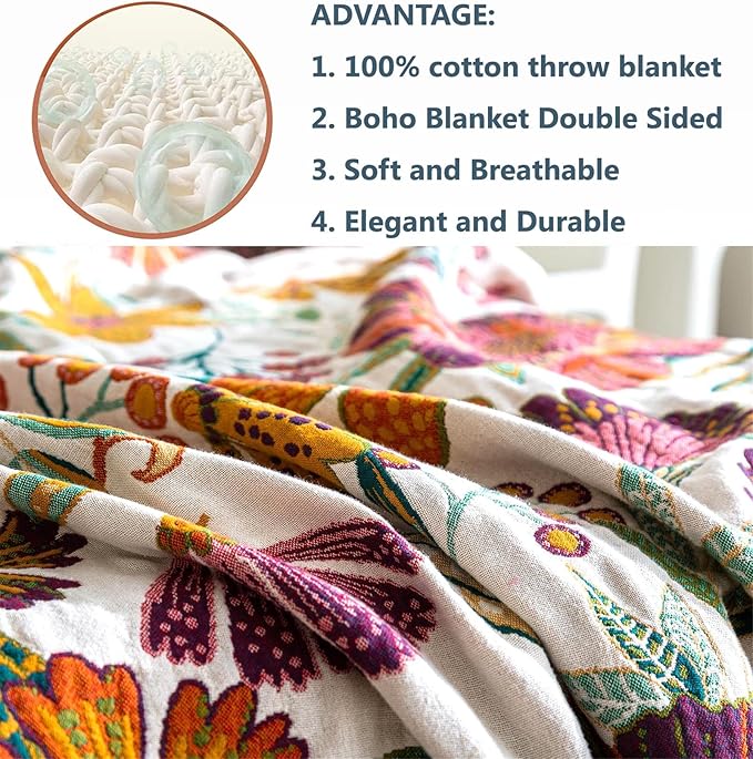 Summer Throw Blanket for Couch Bed Chair, 100% Cotton Muslin Breathable Woven Throws 60''x 80'' Boho Vintage Quilt for All Seasons Warm Lightweight Farmhouse Blankets Home Decoration-Ruum Studio Home