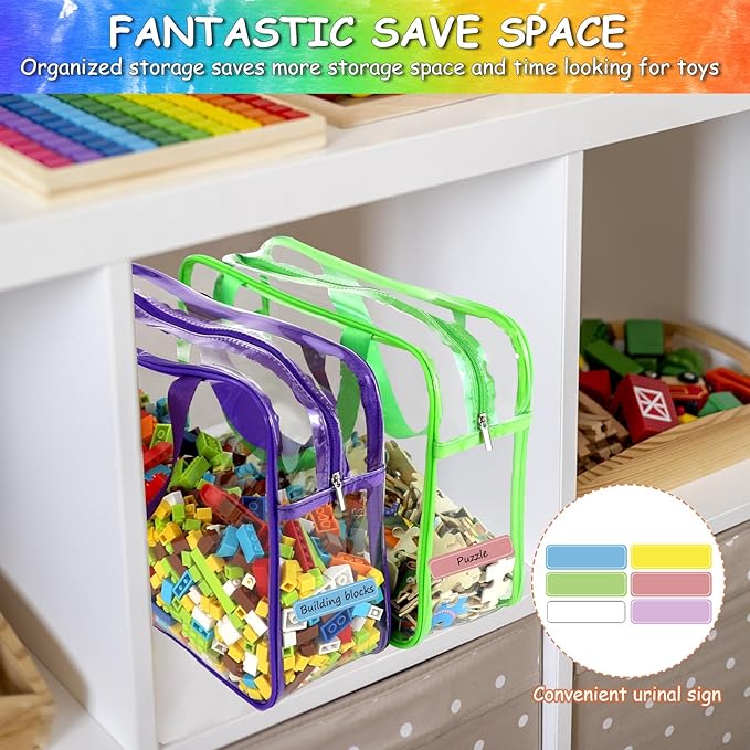 OPELETNNT 6 Color Large Toy Storage Bags with Labels, Reusable Clear PVC Board Game Storage, Travel Waterproof Organizer Bags with Zipper for Building Blocks, Puzzle, Kids Books-Ruum Studio Home