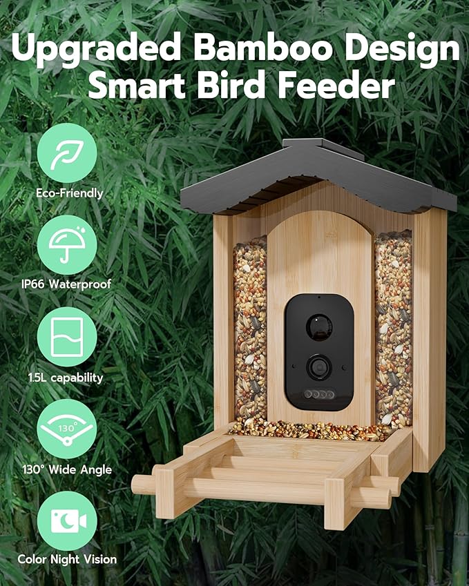 Bird Feeder with Camera, Smart Bird Feeder for Outdoors, Wild Birds Feeders with Solar Panel Bamboo Birds House Camera for Birdlovers, AI Auto Capture Birds & Real-time Notification (Gable)-Ruum Studio Home
