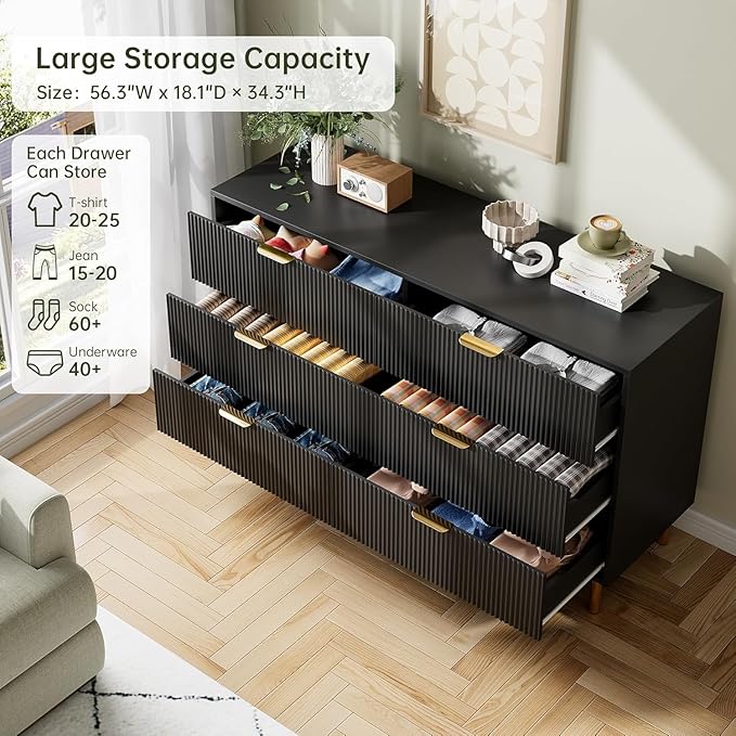 GAOMON 6 Drawer Dresser, Wood Chest of Drawers Organizer Storage with Gold Handle, Large Storage Cabinet, Modern Design Dresser for Bedroom, Living Room, Closet, Hallway, Entryway, Black-Ruum Studio Home