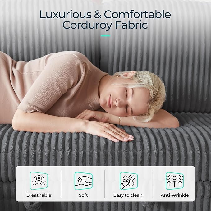 LINSY HOME Loveseat Sofa with Pull Out Couch: 2-in-1 Convertible 2 Seater Sofa Chaise with USB Charging & Cup Holders, Comfy Plush Corduroy Love Seat for Small Spaces Living Room Apartment, Grey-Ruum Studio Home