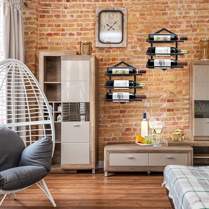 2Pcs Wall Mounted Wine Stemware Rack, Metal Hanging Wine Glass Display Holde Holds 3 Bottles, Elegant Storage for Kitchen Dining Room Bar Wine Cellar-Ruum Studio Home