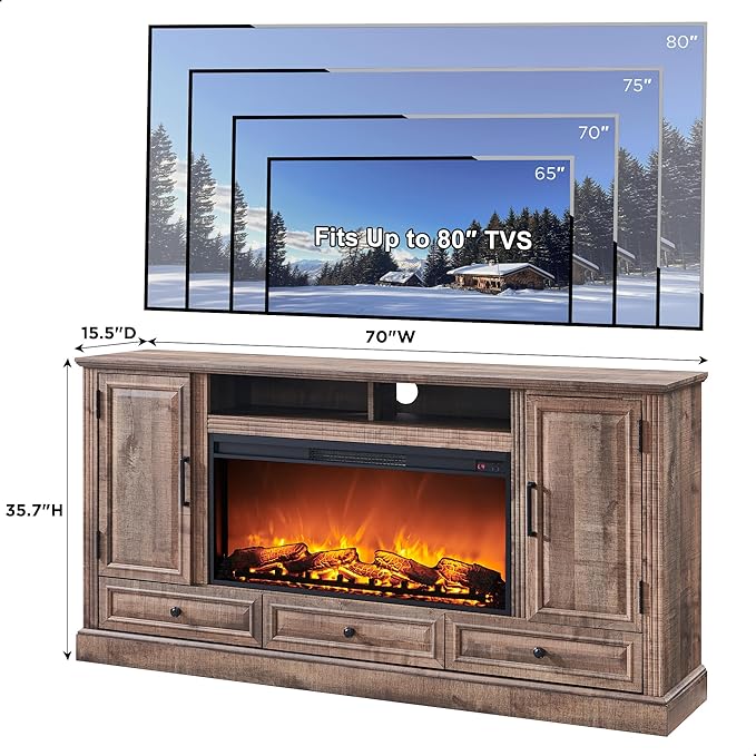 Fireplace TV Stand for 80 Inch TV, 35.7" Tall Farmhouse Entertainment Center W/36'' Electric Fireplace, Media Console with Large Storage Cabinets and Drawers for Living Room, Light Brown-Ruum Studio Home