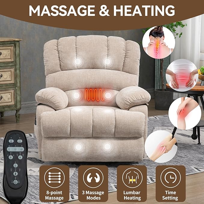 Large Power Lift Recliner Chair with Massage and Heat for Elderly, Ergonomic Backrest, Infinite Adjust, 2 Side Pockets,USB and Type-C Ports, Chenille Beige-Ruum Studio Home