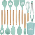 Silicone Cooking Utensils Set, Premium Beech Wood Handle Kitchen Gadgets Utensil Set, Non-Stick Kitchen Utensils Spatula, Tongs, Turner, Whisk, Brush, Spoon, BPA FREE, 446°F Resistant (Mint)-Ruum Studio Home