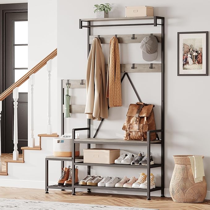 IDEALHOUSE Hall Tree with Bench and Shoe Storage Parent-Child Coat Rack Shoe Bench Industrial Coat Tree Entryway Large Organizer with Shoe Rack, Storage Cubbies, Hooks, and Top Shelf-Ruum Studio Home