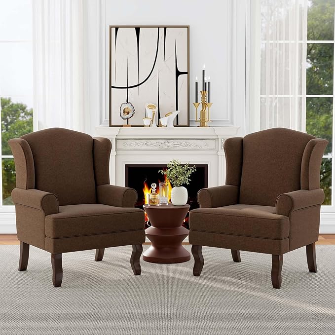 Accent Chair, High Back Upholstered Armchair with High Resilience Sponge & Wood Legs, Mid-Century Modern Comfy Single Sofa Reading Chairs for Living Room, Bedroom (Brown, Set of 1)-Ruum Studio Home