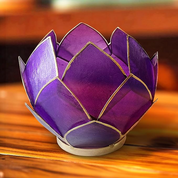 Blooming Lotus Capiz Shell Tealight Candle Holder, Handcrafted Decorative Tea Light Candleholder with Translucent Flower Petals for Ambient Illumination and Natural Elegance, Purple-Ruum Studio Home