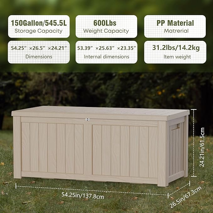 150 Gallon Lockable Resin Deck Box, Waterproof & UV-Resistant Outdoor Storage Box for Outdoor Cushion Storage, Garden Tools & Pool Accessories Storage, Gray-Ruum Studio Home