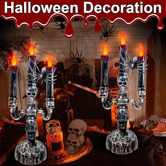 TURNMEON 2 Pack Halloween Candles Halloween Decorations LED Flame Less Candelabra 3-Flickering Lamp Light Up Battery Operated Candles Holder Spider Decor Indoor Table Home Haunted Party-Ruum Studio Home