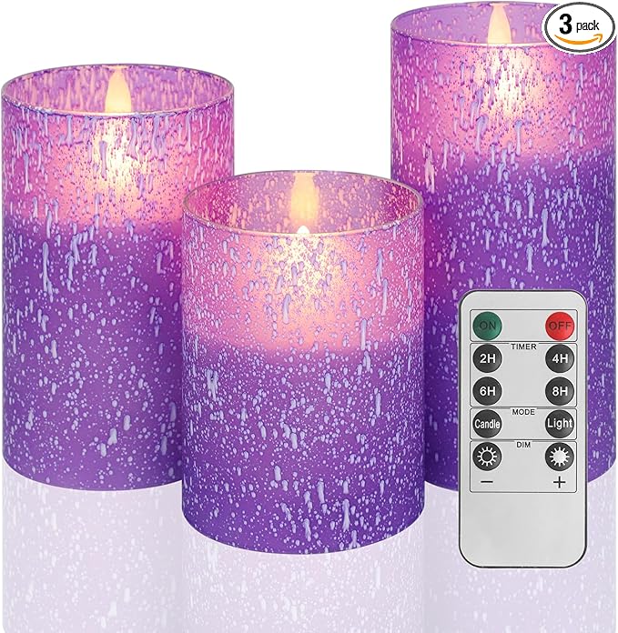 Purple Flameless Candles with Remote and Timer, Flickering Real Wax Battery Operated Candles, Set of 3 LED Pillar Candles for Halloween Christmas Wedding Home Decor-Ruum Studio Home