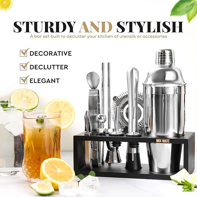 Mixology Bartender Kit with Stand - 15 Piece Bar Tool Set, Silver Bar Set Cocktail Shaker Set for Drink Mixing - Includes Martini Shaker, Jigger, Strainer, Bar Mixer Spoon, Tongs, Opener | Gift Idea-Ruum Studio Home