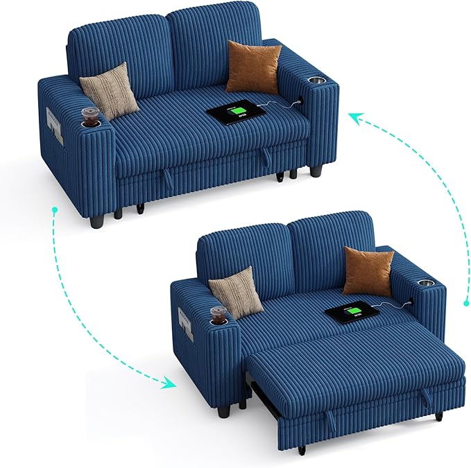 LINSY HOME Loveseat Sofa with Pull Out Couch Chaise: 2-in-1 Convertible 2 Seater Sofa with USB Charging & Cup Holders, Comfy Plush Corduroy Love Seat for Small Spaces Living Room Apartment, Blue-Ruum Studio Home