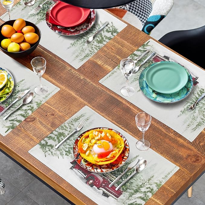 Red Truck Christmas Placemats Set of 4, 12x18 Inch Green Pine Tree Snow Xmas Table Mats Seasonal Rustic Farmhouse Linen Fabric Place Mats for Winter Holiday Party Kitchen Dining Decor-Ruum Studio Home