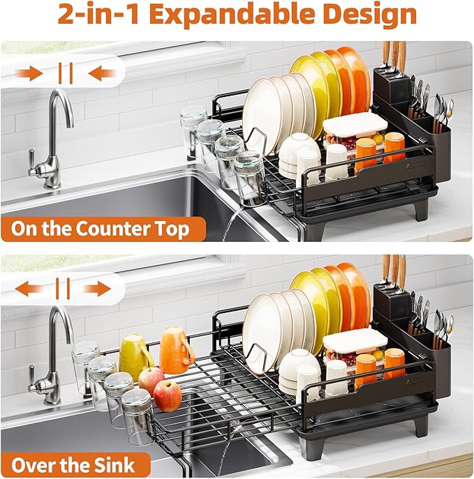 Extendable Dish Drying Rack, Multifunction Dish Rack for Kitchen Counter, Expandable Dish Drainer Over Sink, Large Dish Strainer with Cups Holder, 1 Tier Black-Ruum Studio Home