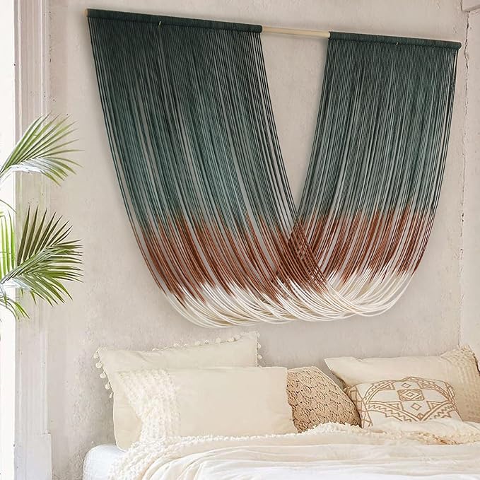 Macrame Wall Hanging Dip-Dye Green Boho Wall Decor Chic Fiber Yarn Wall Art Craftsmanship Bedroom Livingroom Nursery Apartment Home Decor 57" W x 35" L-Ruum Studio Home