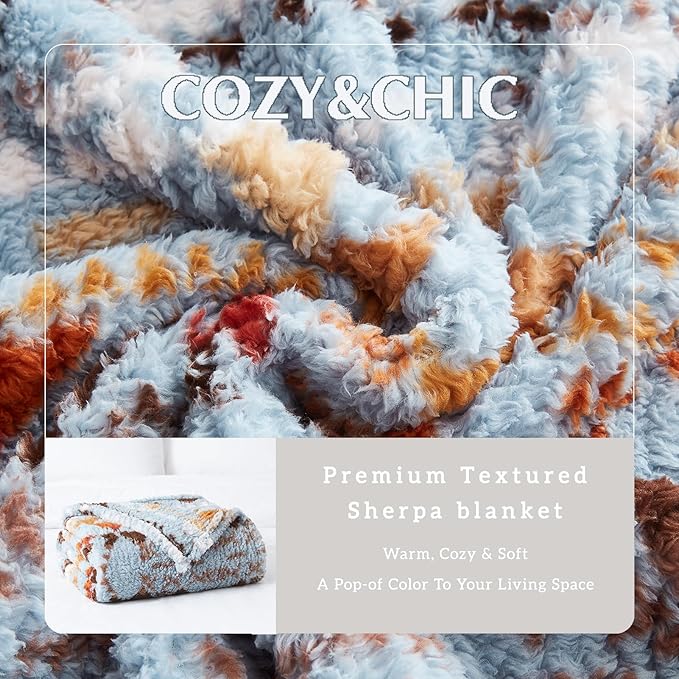 CASAAGUSTO Boho Sherpa Throw Blanket, Aztec Queen Blanket, Ultra Soft, Warm, Cozy, Plush, Thick Fleece Bohemian Throw Blanket for Couch, Bed, Sofa (Blue Grey 90 * 90 Inch)-Ruum Studio Home
