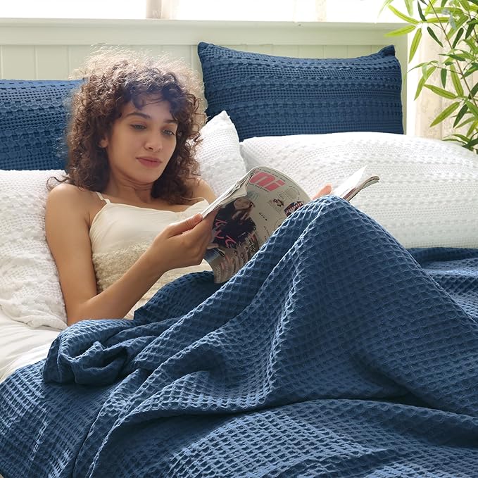 PHF Ultra Soft Waffle Weave Blanket Twin Size 66"x 90"- Washed Lightweight Breathablee Cozy Woven Blanket - Great for Couch Bed Sofa Home Car - Navy Blue-Ruum Studio Home
