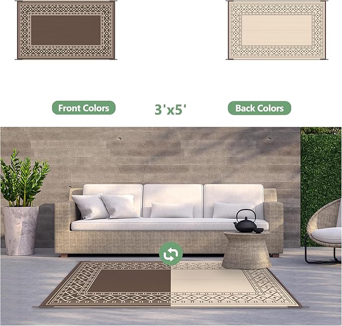 GENIMO Outdoor Rug Waterproof for Patio Decor, 3'x5' Foldable Reversible Plastic Straw Carpet for Porch, Outside Area Mat for Entryway, Rv, Deck, Picnic, Camper, Balcony, Beach, Coffee & Beige-Ruum Studio Home