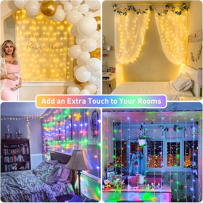 JMEXSUSS 300LED Dual Color Changing Curtain Lights with Remote, 9.8 x 9.8ft Connectable Plug in Christmas String Lights for Bedroom Backdrop Outdoor Decor, Warm White to Multicolor-Ruum Studio Home