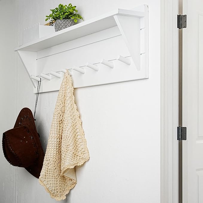 WEBI Coat Rack Wall Mount with Shelf,8 Peg Hooks,34" Long Entryway Wall Shelf with Hooks Underneath for Hanging Coats,Caps,Jacket,Clothes,White-Ruum Studio Home