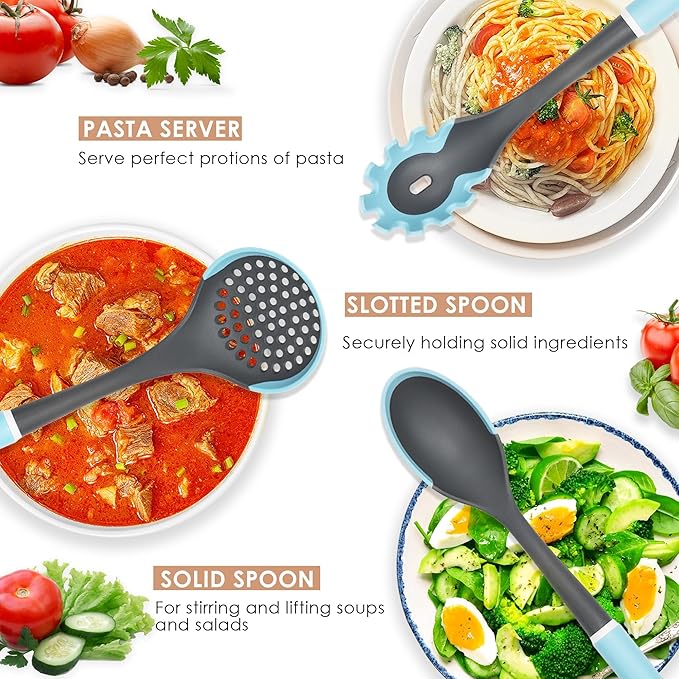 Kitchen Cooking Utensils Set, Non-Stick Spatula Set with Rotating Stand, 6 PCS Silicone Utensils Set for Cooking, 400°F Heat Resistant, Kitchen Gadgets with Nylon Handle & Stable Holder, Grey Blue-Ruum Studio Home