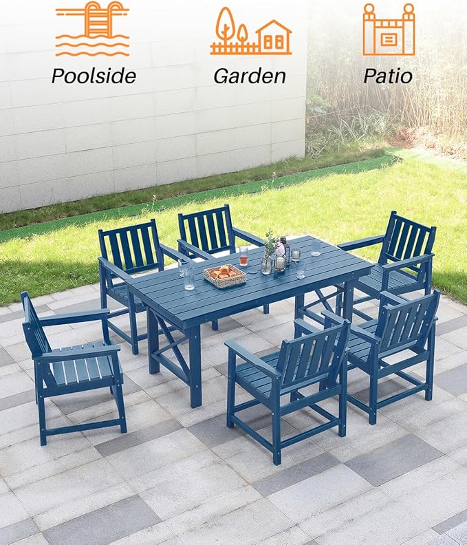 HDPE Patio Dining Set, 5-Piece Outdoor Table and Chairs with Umbrella Hole, Modern Outdoor Dining Set for 4, HDPE Outdoor Patio Furniture Dining Sets for Deck, Poolside, Porch, Navy-Ruum Studio Home