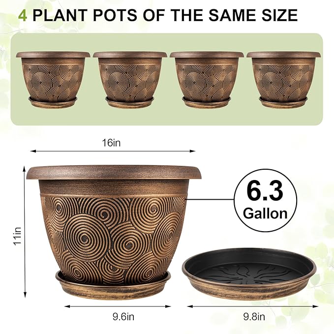 16 Inch Large Planter Pot for Plants Indoor Outdoor, 4 Pack Plastic Flower Pots with Drainage Hole & Tray, Modern Decorative Garden Pot with Saucer, Plant Container for House-Ruum Studio Home
