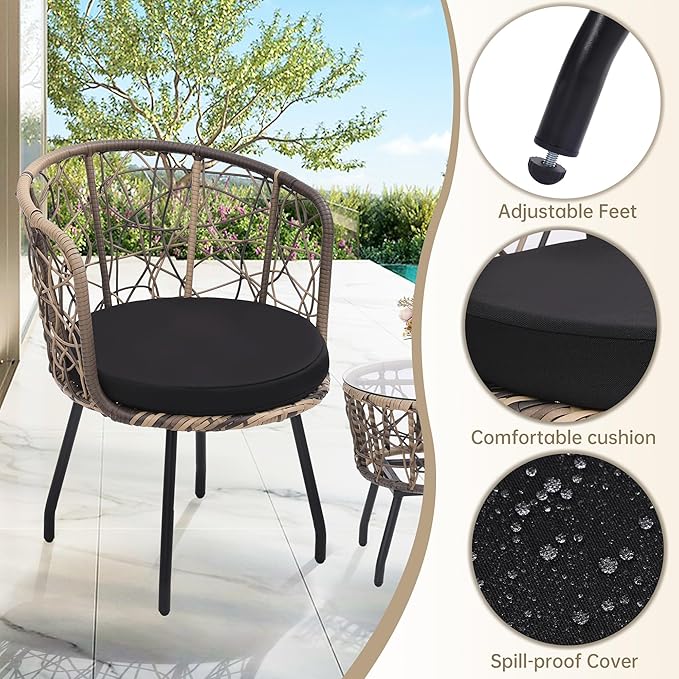 Kromax 3 Piece Bistro Set, Modern Outdoor Wicker Patio Furniture with Tempered Glass Table Top and 2 Chairs, Washable Cushions, Natural Rattan and Black Cushion-Ruum Studio Home
