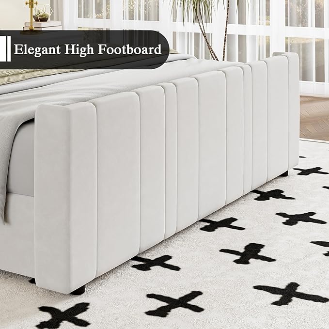 King Size Bed Frame and Headboard, Soft Velvet Upholstered Bed Frames with Vertical Channel Tufted Wingback Headboard & Footboard, Soft Bed Frame King, Noise Free, Easy Assembly, White-Ruum Studio Home