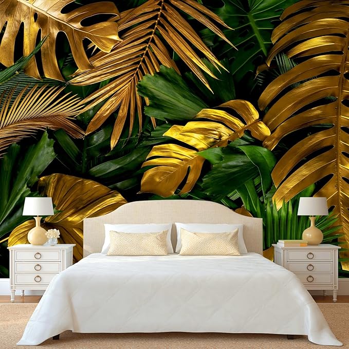 WFBHUA-Gold and Green Tropical Jungle Palm Leaf Wallpaper Mural Monstera Wall Mural for Living Room Bedroom (Not Peel and Stick)-Ruum Studio Home