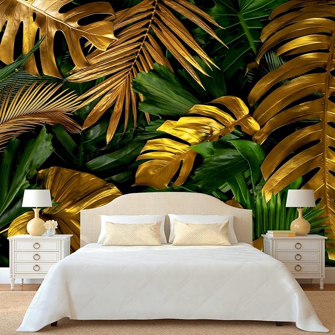 WFBHUA-Gold and Green Tropical Jungle Palm Leaf Wallpaper Mural Monstera Wall Mural for Living Room Bedroom (Not Peel and Stick)-Ruum Studio Home