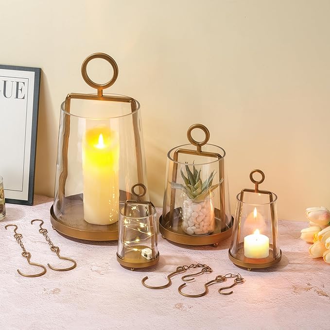 9" Wide Modern Farmhouse Metal Hurricane Candle Holder with Handmade Sturdy Glass Sleeve in Antique Brass for Pillar Candle & Plants, Hurricane Lantern, Industrial, Minimalistic (1, Brass, 9"x14")-Ruum Studio Home