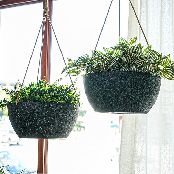 13 Inch 2 Pack Large Hanging Planters for Indoor Outdoor Plants, Plastic Hanging Basket Pots for House Plants Flowers, Black Speckles-Ruum Studio Home
