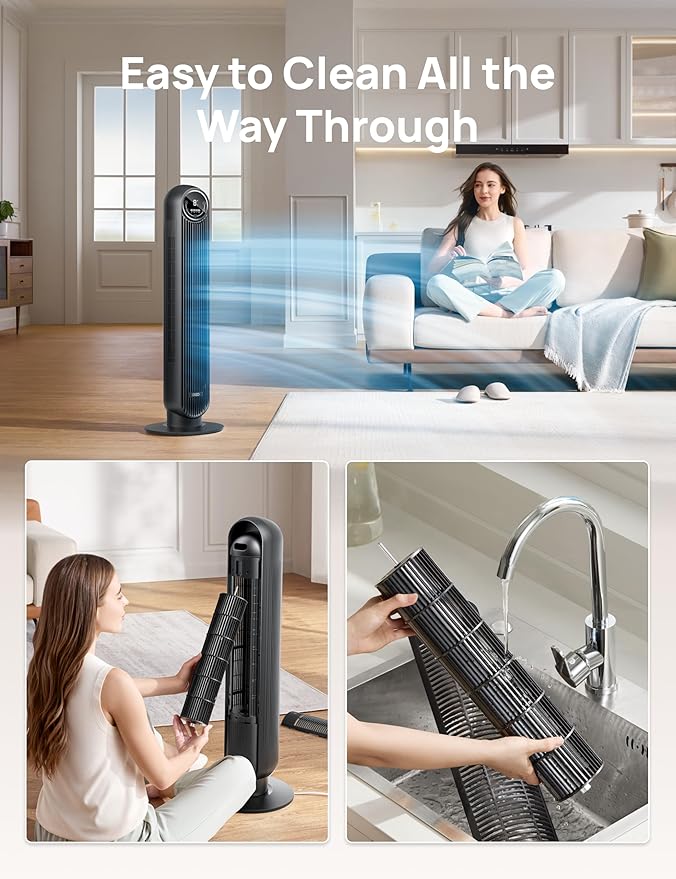 Dreo Tower Fan for Bedroom, 25ft/s Velocity Quiet Floor Fan, 90° Oscillating Fans for Indoors with 4 Speeds, 4 Modes, 8H Timer, Standing Fans, Bladeless Fan, Black, Nomad One (DR-HTF007)-Ruum Studio Home