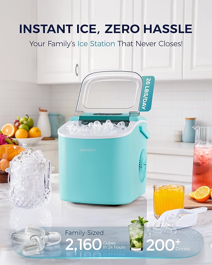 EUHOMY Countertop Ice Maker Machine with Handle, 26lbs Per Day, 9 Ice Cubes Ready in 6 Mins, Auto-Cleaning Portable Ice Maker with Basket and Scoop, for Home/Kitchen/Camping/RV (Green)-Ruum Studio Home