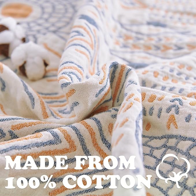 jinchan Boho 100% Cotton Muslin Queen Size 80x90 Throw Blanket Lightweight 4-Layer Orange Reversible Blanket Washable Breathable Geometric Striped Pattern Soft Comfy for Couch Bed Decor All Seasons-Ruum Studio Home