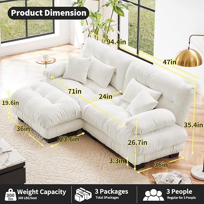 Loveseat Modular Sectional Sofa, L Shaped Couch with Ottoman, Cloud Couch Sectional Couch Home Sofa Living Room Oversized Couch Deep Seat Couch with Round Bolster Armrests 4 Pillows(White)-Ruum Studio Home