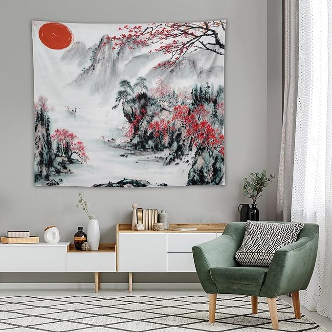 Cherry Blossoms Tapestry,Japanese Red Landscape Asian Watercolor Abstract Art Tapestry, Asian Japanese Wall Tapestry, Nature Landscape Tapestries for Bedroom Living Room Decor 60"x50"-Ruum Studio Home